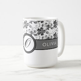 Elegant Monogram en Floral Pattern Black Koffiemok