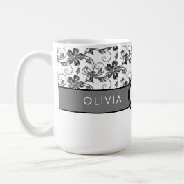 Elegant Monogram en Floral Pattern Black Koffiemok