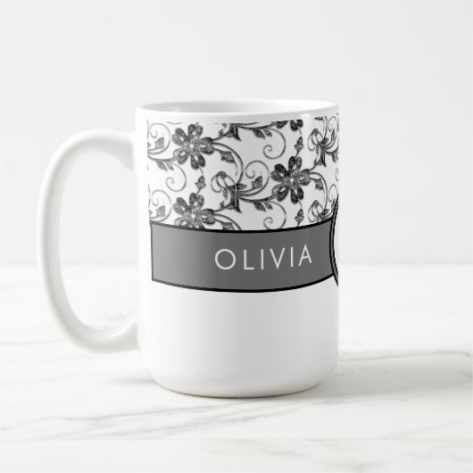 Elegant Monogram en Floral Pattern Black Koffiemok (Links)