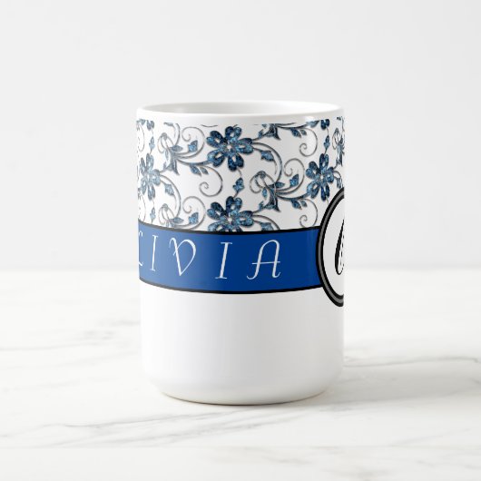 Elegant Monogram en Floral Pattern Blue Koffiemok (Center)