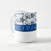 Elegant Monogram en Floral Pattern Blue Koffiemok (Voorkant links)