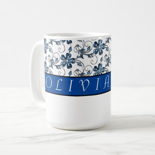 Elegant Monogram en Floral Pattern Blue Koffiemok (Voorkant links)
