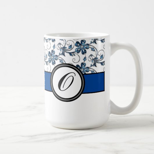 Elegant Monogram en Floral Pattern Blue Koffiemok (Rechts)