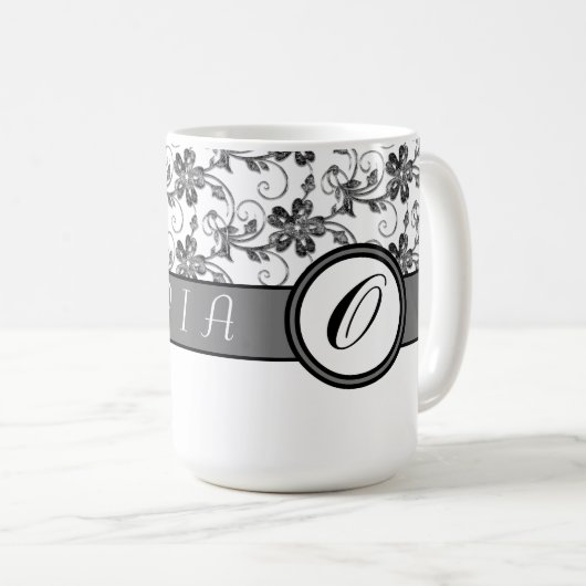 Elegant Monogram en Floral Pattern Koffiemok (Voorkant rechts)