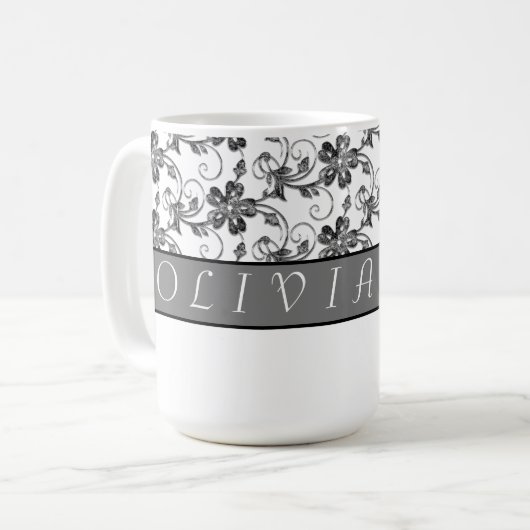 Elegant Monogram en Floral Pattern Koffiemok (Voorkant links)