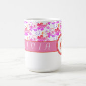 Elegant Monogram en Floral Pattern Roze Koffiemok (Center)