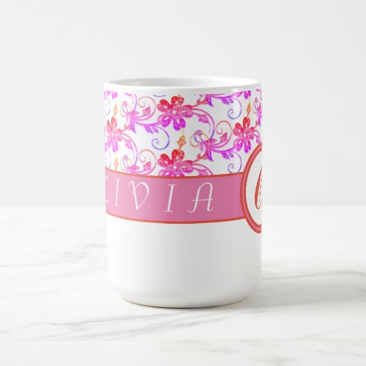 Elegant Monogram en Floral Pattern Roze Koffiemok (Center)