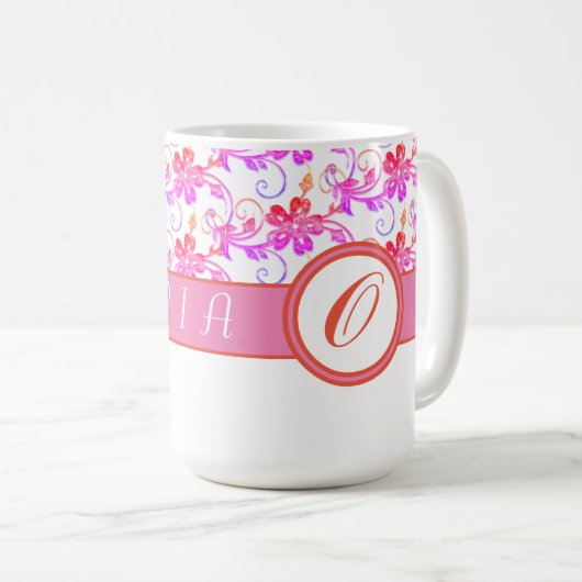 Elegant Monogram en Floral Pattern Roze Koffiemok (Voorkant rechts)