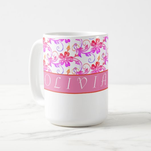 Elegant Monogram en Floral Pattern Roze Koffiemok (Voorkant links)