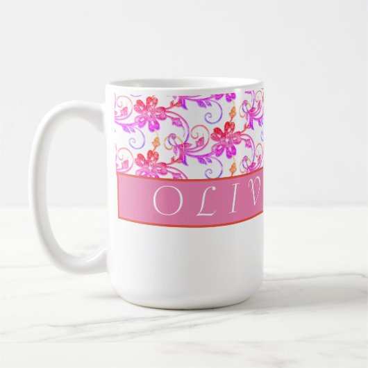 Elegant Monogram en Floral Pattern Roze Koffiemok (Links)