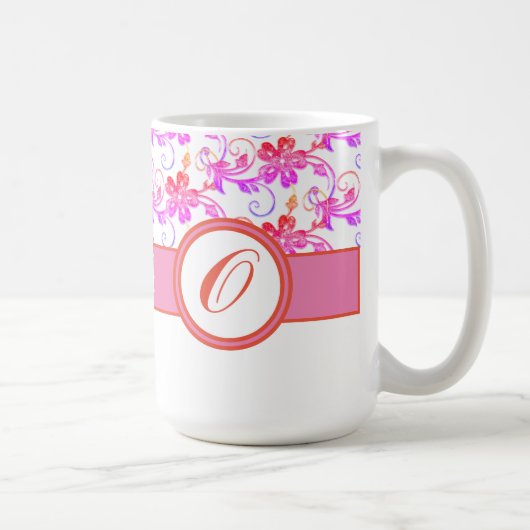 Elegant Monogram en Floral Pattern Roze Koffiemok (Rechts)