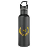 Elegant Monogram en Gold Laurel Wreath op Black Waterfles (Voorkant)