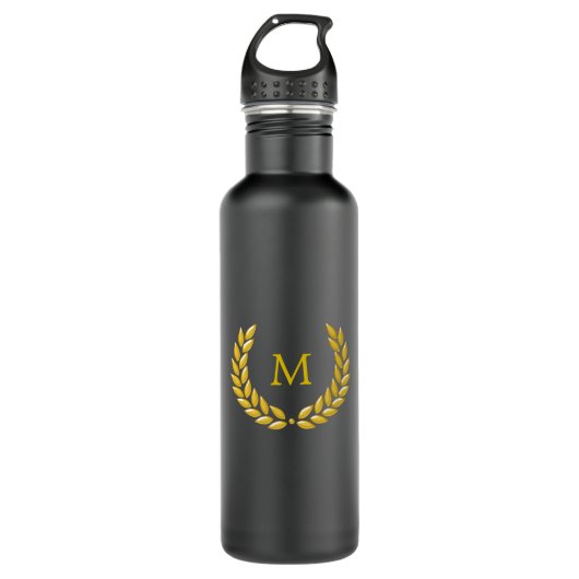 Elegant Monogram en Gold Laurel Wreath op Black Waterfles (Voorkant)