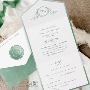 Elegant Monogram en Green Waterverf Wedding All In One Uitnodiging