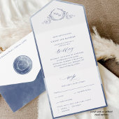 Elegant Monogram en Navy Blue Waterverf Wedding All In One Uitnodiging
