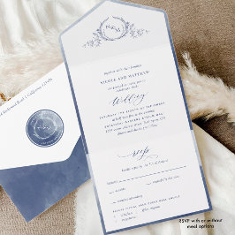 Elegant Monogram en Navy Blue Waterverf Wedding All In One Uitnodiging