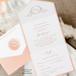 Elegant Monogram en Peach Waterverf Wedding All In One Uitnodiging