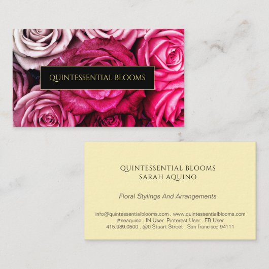 Elegant monogram en roze roze rozen Florist Visitekaartje (Voorkant / Achterkant)