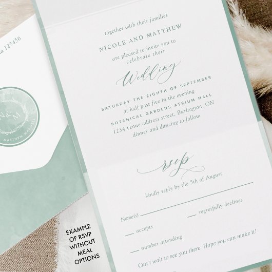 Elegant Monogram en Sage Green Waterverf Wedding All In One Uitnodiging