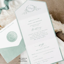Elegant Monogram en Sage Green Waterverf Wedding All In One Uitnodiging