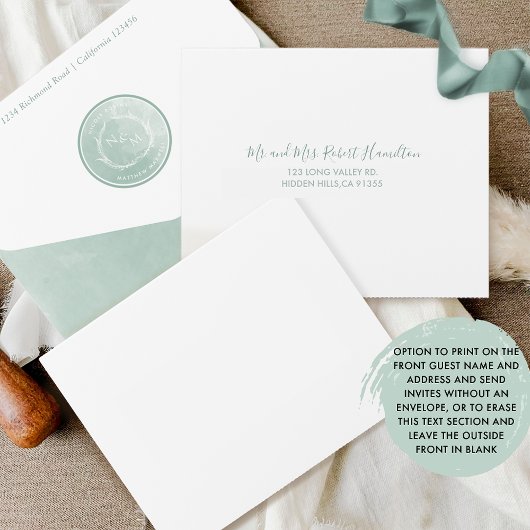 Elegant Monogram en Sage Green Waterverf Wedding All In One Uitnodiging