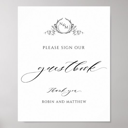 Elegant Monogram en Script Bruiloft Gastenboek Sig Poster (Voorkant)