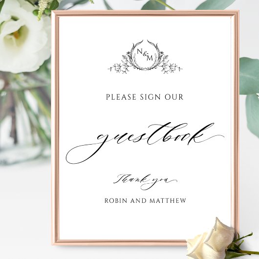 Elegant Monogram en Script Bruiloft Gastenboek Sig Poster