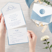 Elegant Monogram en Waterverf Blauw Bruiloft All In One Uitnodiging