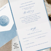 Elegant Monogram en Waterverf Blauw Bruiloft All In One Uitnodiging