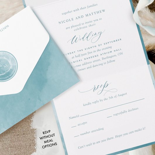 Elegant Monogram en Zee Glass Waterverf Wedding All In One Uitnodiging