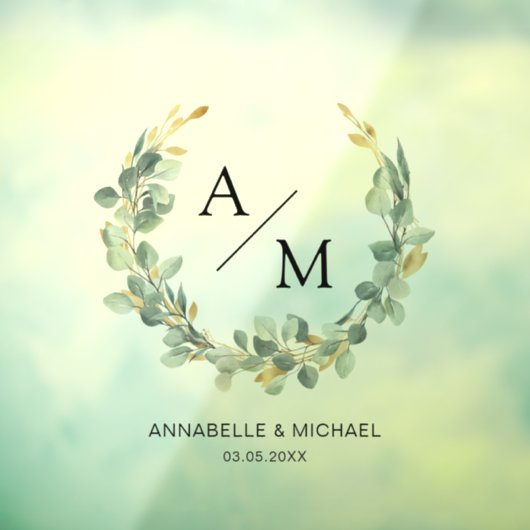 Elegant, monogram, eucalyptus, bruiloft, krans raamsticker (Vel 3)