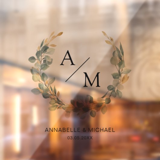Elegant, monogram, eucalyptus, bruiloft, krans raamsticker (Vel 2)