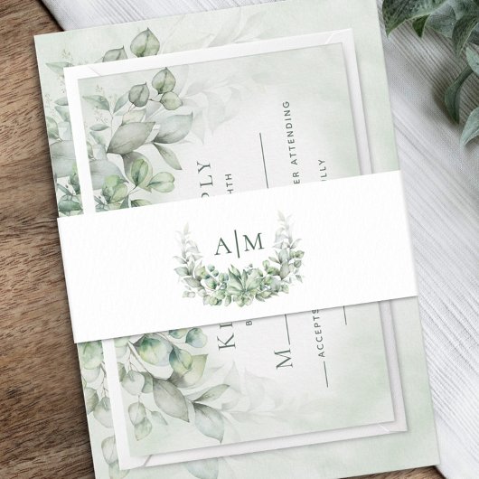 Elegant Monogram Eucalyptus Wedding Uitnodigingen Wikkel
