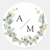 Elegant, monogram, eucalyptuskrans ronde sticker (Voorkant)
