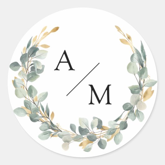 Elegant, monogram, eucalyptuskrans ronde sticker (Voorkant)