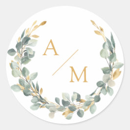 Elegant, monogram, eucalyptuskrans ronde sticker