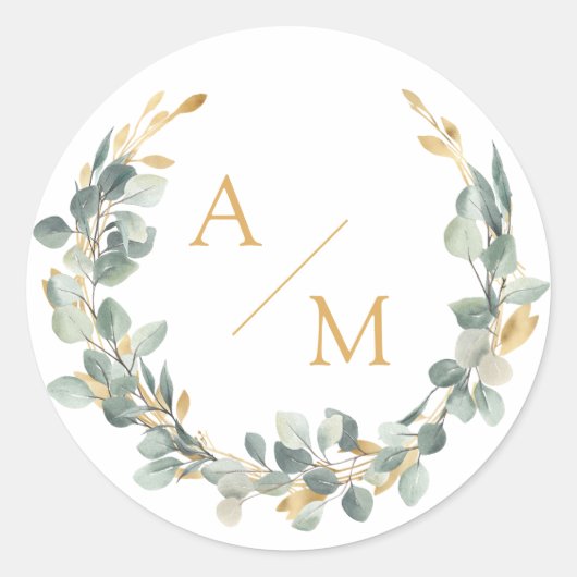 Elegant, monogram, eucalyptuskrans ronde sticker (Voorkant)
