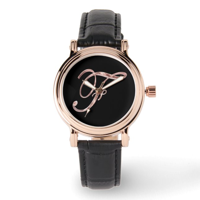 Elegant Monogram F Zwart Roos Goud Horloge (Voorkant)