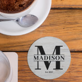 Elegant Monogram Familienaam Initiaal Rustiek Hout Ronde Kartonnen Onderzetter