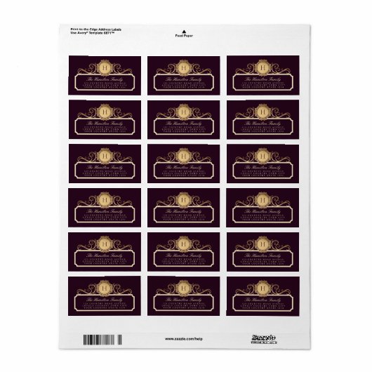 Elegant Monogram Family Burgundy Plum Gold Adres Etiket (Full Sheet)