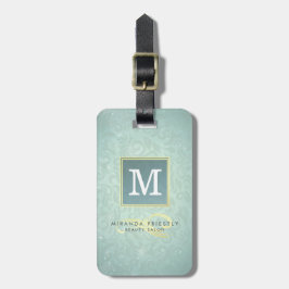Elegant Monogram Faux Gold Turquoise Damask Floral Bagagelabel