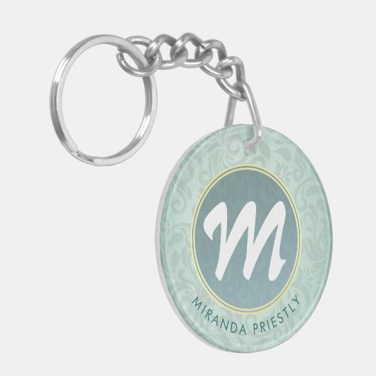 Elegant Monogram Faux Gold Turquoise Damask Floral Sleutelhanger (Voorkant Links)