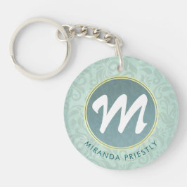 Elegant Monogram Faux Gold Turquoise Damask Floral Sleutelhanger