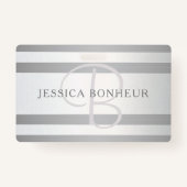 Elegant monogram Faux Silver Gradient Gray Stripes Badge (Achterkant)