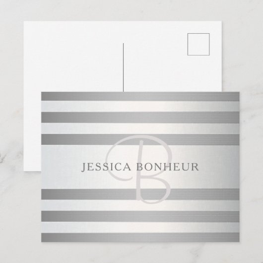 Elegant monogram Faux Silver Gradient Gray Stripes Briefkaart (Voorkant / Achterkant)