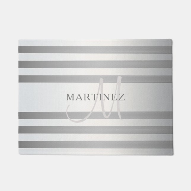 Elegant monogram Faux Silver Gradient Gray Stripes Deurmat (Voorkant)