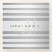 Elegant monogram Faux Silver Gradient Gray Stripes Glazen Onderzetter (Voorkant)