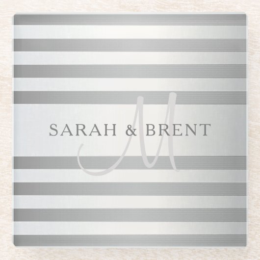 Elegant monogram Faux Silver Gradient Gray Stripes Glazen Onderzetter (Voorkant)