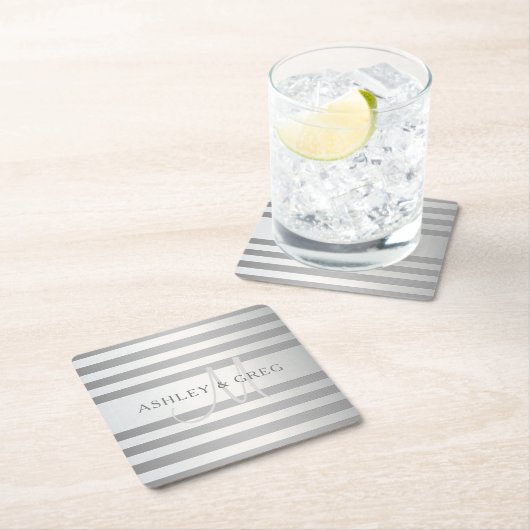 Elegant monogram Faux Silver Gradient Gray Stripes Kartonnen Onderzetters (Insitu)