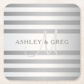 Elegant monogram Faux Silver Gradient Gray Stripes Kartonnen Onderzetters (Voorkant)
